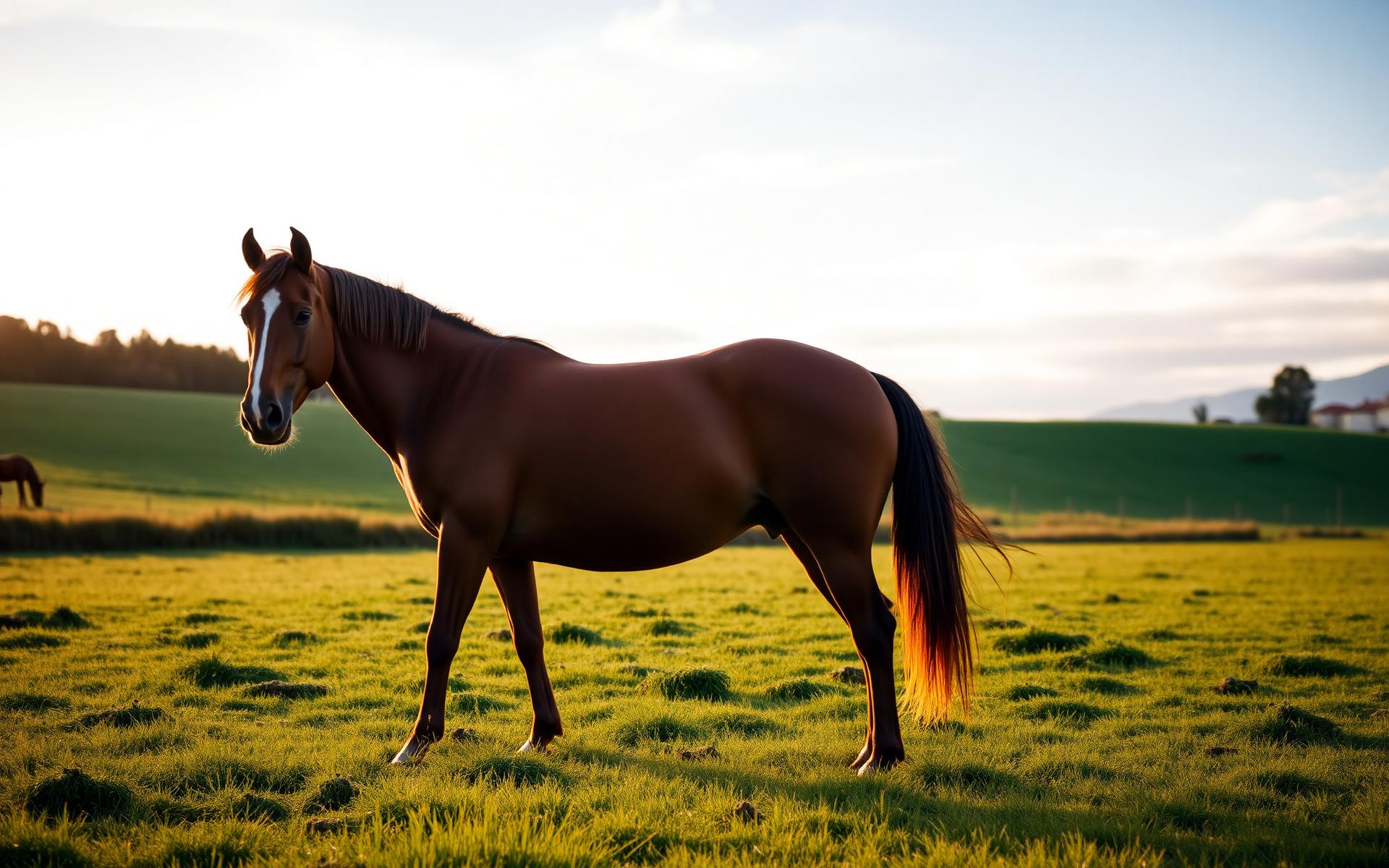 A rescued chestnut horse standing in a New Zealand paddock at golden hour
